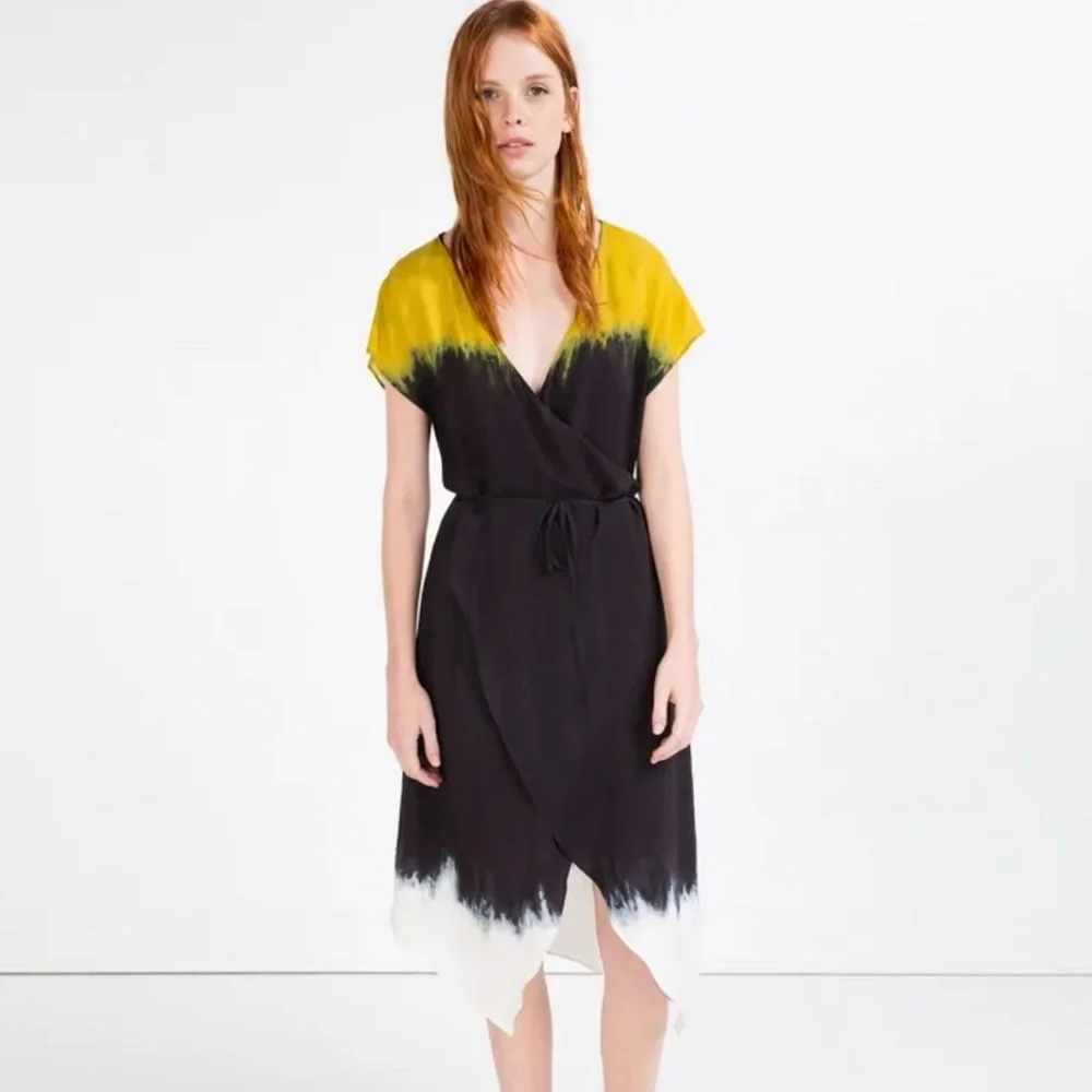 ZARA Ombre Tie Dye Wrap Midi Dress Asymmetrical Hem Yellow Navy - Picture 6 of 6